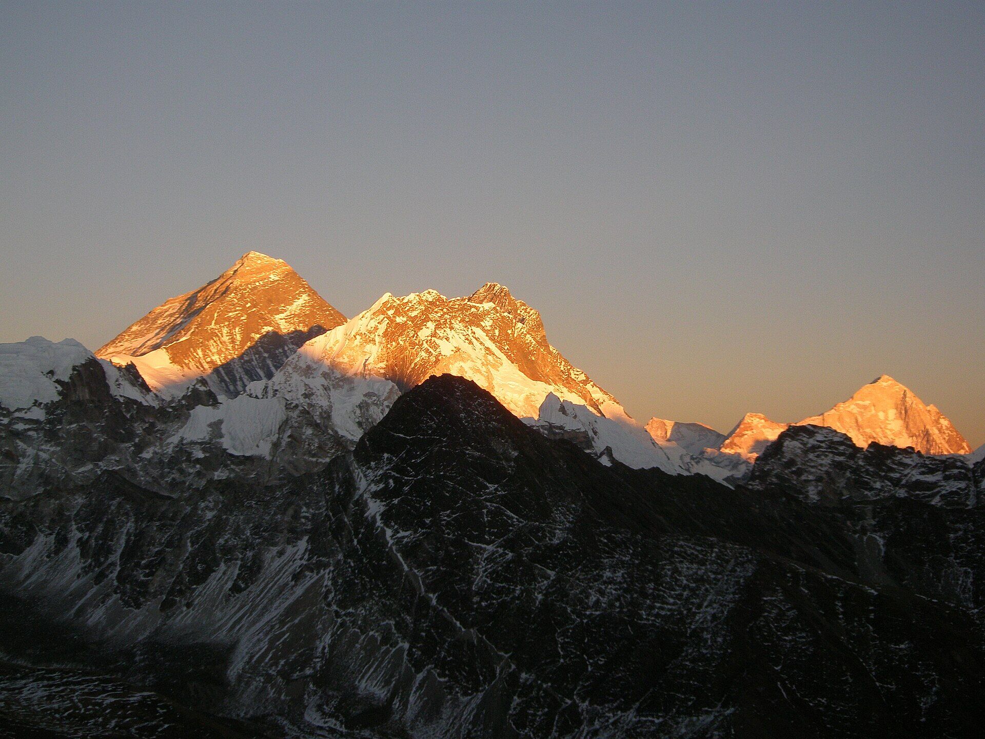 Everest, Lhotse and Makalu catching the last sun, seen from Gokyo Ri