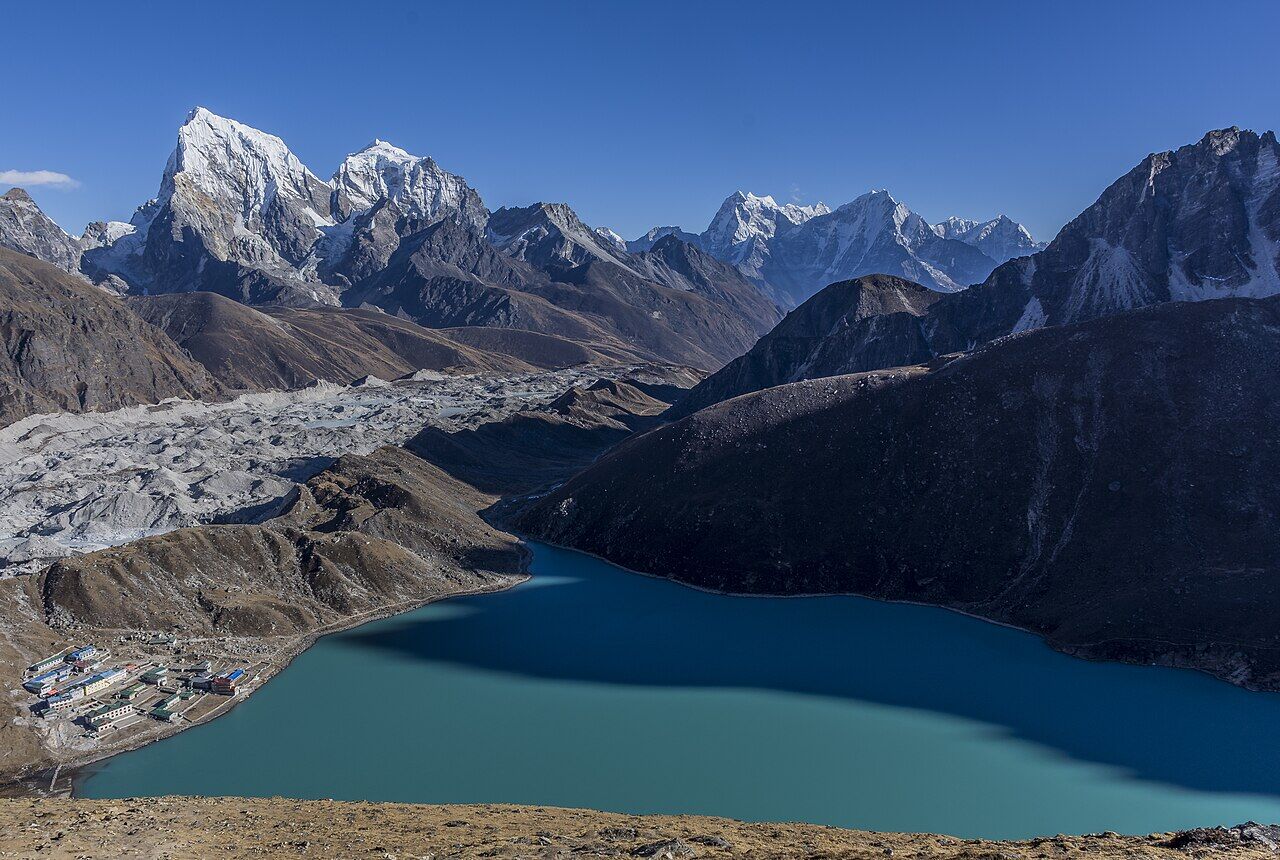 Turquoise Gokyo lake beside the Ngozumpa glacier